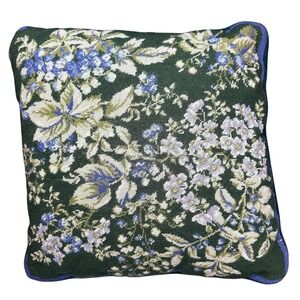 Vintage Floral Needlepoint Throw Pillow Dark Green Blue Floral Accent Pillow